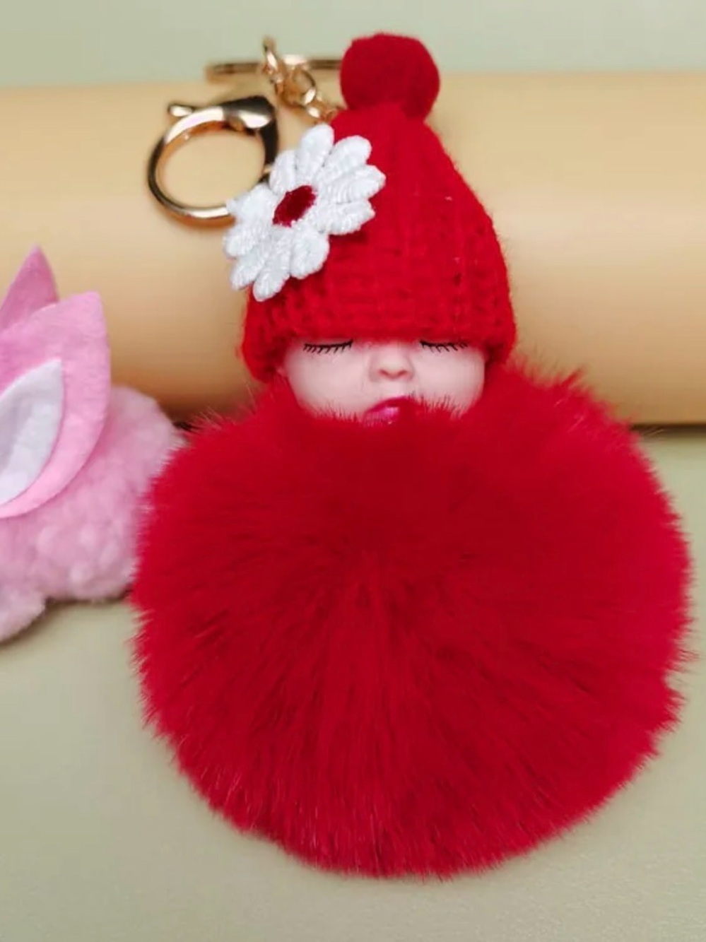 Red Pom-Pom Baby Doll Keychain with Flower Hat - Kids Toys